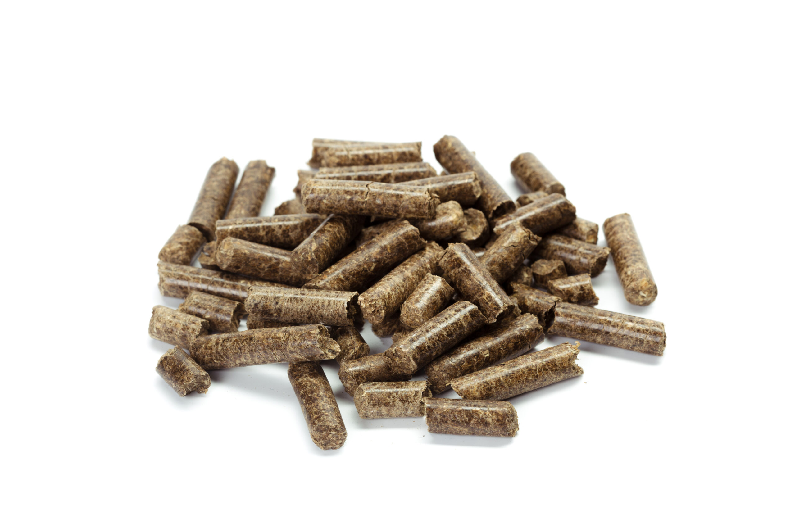 stack of wooden pellets for bio energy, white background, isolated